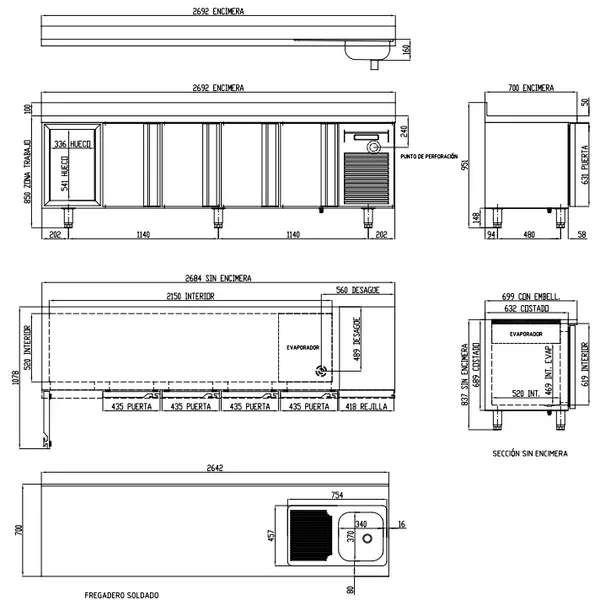 Koelwerkbank | 700 RANGE | 686L | 5 Deuren (1/1 GN) | -2°C/+8°C | Geforceerd | Temperatuuralarm | Achteropstand | Spoelbak | 2695x700x850/950(h)mm