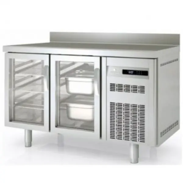 Koelwerkbank | 700 RANGE | 255L | 2 Glasdeuren (1/1 GN) | -2°C/+8°C | Statisch + Ventilator | Temperatuuralarm | Achteropstand | 1345x700x850/950(h)mm