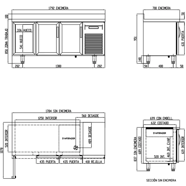 Koelwerkbank | 700 RANGE | 399L | 3 Glasdeuren (1/1 GN) | -2°C/+8°C | Geforceerd | Temperatuuralarm | Achteropstand | 1795x700x850/950(h)mm