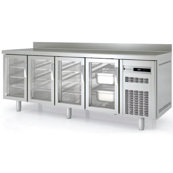 Koelwerkbank | 700 RANGE | 543L | 4 Glasdeuren (1/1 GN) | -2°C/+8°C | Statisch + Ventilator | Temperatuuralarm | Achteropstand | 2245x700x850/950(h)mm