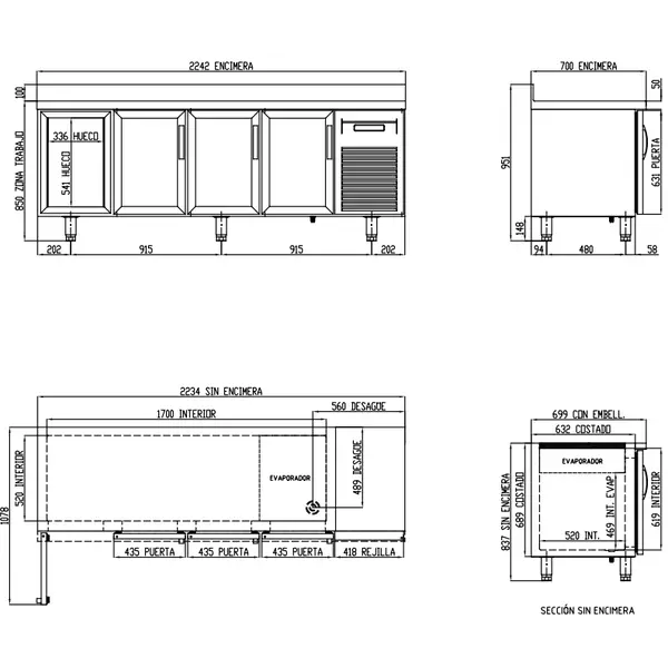 Koelwerkbank | 700 RANGE | 543L | 4 Glasdeuren (1/1 GN) | -2°C/+8°C | Geforceerd | Temperatuuralarm | Achteropstand | 2245x700x850/950(h)mm