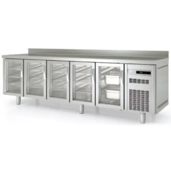 Koelwerkbank | 700 RANGE | 686L | 5 Glasdeuren (1/1 GN) | -2°C/+8°C | Statisch + Ventilator | Temperatuuralarm | Achteropstand | 2695x700x850/950(h)mm