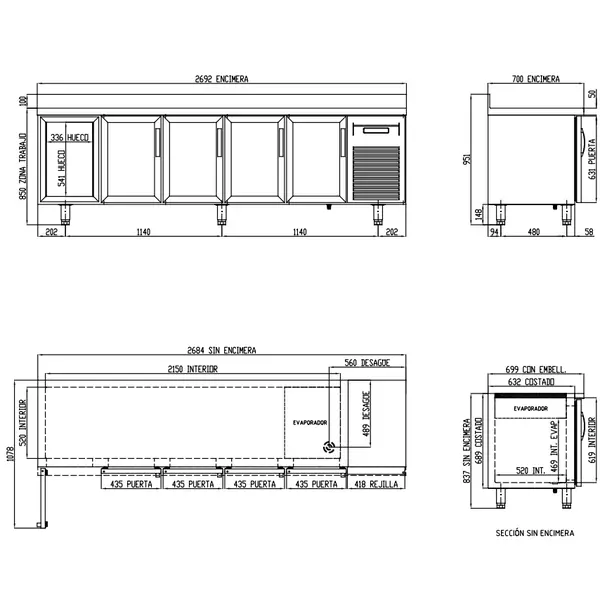 Koelwerkbank | 700 RANGE | 686L | 5 Glasdeuren (1/1 GN) | -2°C/+8°C | Geforceerd | Temperatuuralarm | Achteropstand | 2695x700x850/950(h)mm