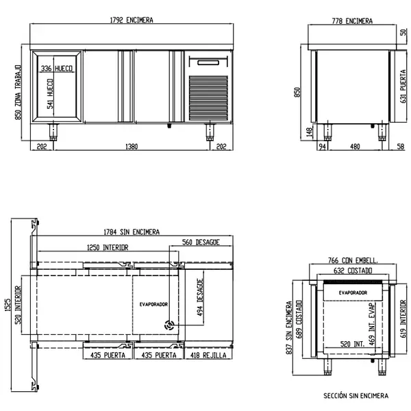 Doorgeef-Koelwerkbank | 700 RANGE | 399L | 2x 3 (Glas)Deuren (1/1 GN) | -2°C/+8°C | Geforceerd | Temperatuuralarm | 1795x700x850(h)mm