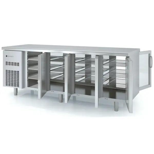 Doorgeef-Koelwerkbank | 700 RANGE | 543L | 2x 4 (Glas)Deuren (1/1 GN) | -2°C/+8°C | Geforceerd | Temperatuuralarm | 2245x700x850(h)mm