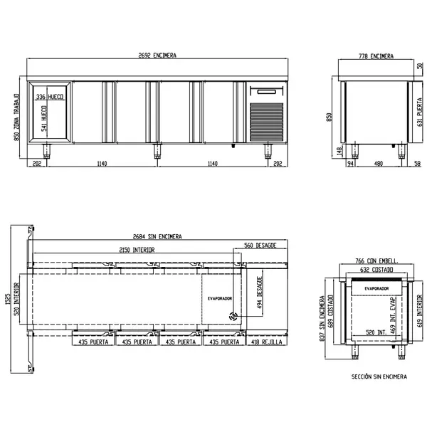 Doorgeef-Koelwerkbank | 700 RANGE | 686L | 2x 5 (Glas)Deuren (1/1 GN) | -2°C/+8°C | Geforceerd | Temperatuuralarm | 2695x700x850(h)mm