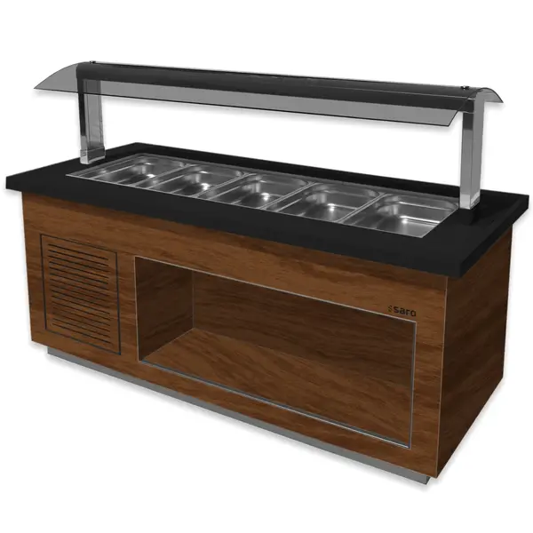 Verwarmd Buffet | PREMIUM LINE | Hout/Graniet | 5x 1/1 GN | 30°C/90°C | Statisch | Verlichte Kap | Wielen | 2000x880x1350(h)mm