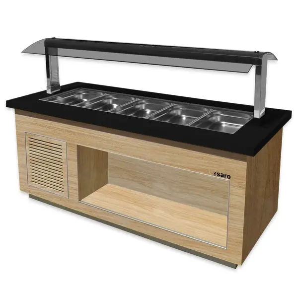 Verwarmd Buffet | PREMIUM LINE | Hout/Graniet | 5x 1/1 GN | 30°C/90°C | Statisch | Verlichte Kap | Wielen | 2000x880x1350(h)mm