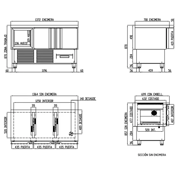 Koelwerkbank | 700 RANGE | 264L | 3 Deuren (1/1 GN) | -2°C/+8°C | Geforceerd | Temperatuuralarm | 1365x700x870(h)mm