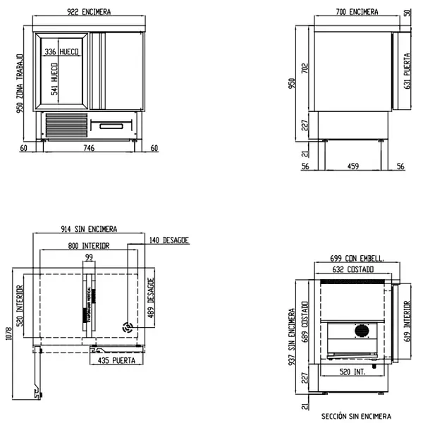 Koelwerkbank | 700 RANGE | 255L | 2 Deuren (1/1 GN) | -2°C/+8°C | Geforceerd | Temperatuuralarm | 925x700x950(h)mm