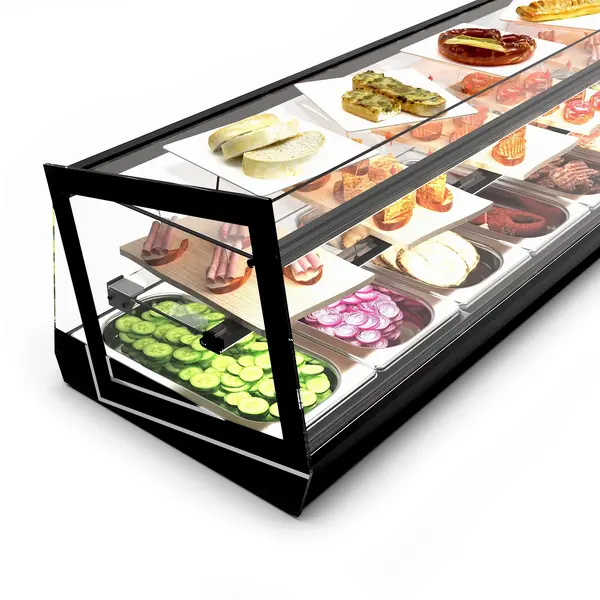 Verwarmde Tapasvitrine | KUBE | Zwart | 4x 1/3 GN | ≤80°C | Bain-Marie | 2 Niveaus | 0.72kW (230V) | 840x395x360(h)mm