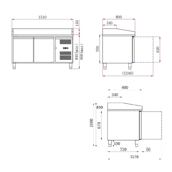Pizzawerkbank | 390L | 2 Deuren (EN600x400) | +2°C/+8°C | Geforceerd | 1510x800x850/1000(h)mm