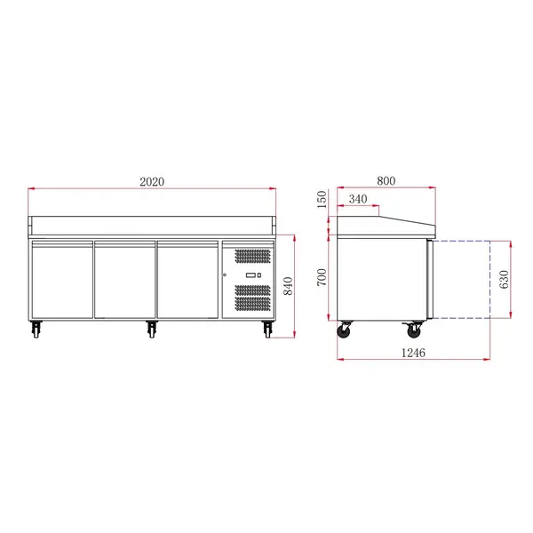 Pizzawerkbank | 580L | 3 Deuren (EN600x400) | +2°C/+8°C | Geforceerd | Wielen (Geremd) | 2020x800x840/1000(h)mm