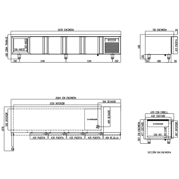 Koelwerkbank | 700 RANGE | Laag Model | 454L | 5 Deuren (1/1 GN) | -2°C/+8°C | Geforceerd | Temperatuuralarm | 2695x700x600(h)mm