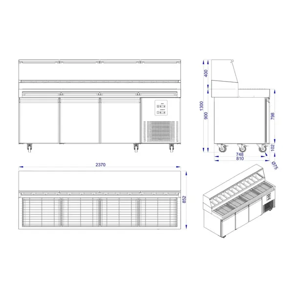 Pizzawerkbank | PRO LINE | 720L | 3 Deuren (EN600x400) | Boven 13x 1/3 GN | -2°C/+8°C | Geforceerd | Wielen (Geremd) | 2370x850x1300(h)mm
