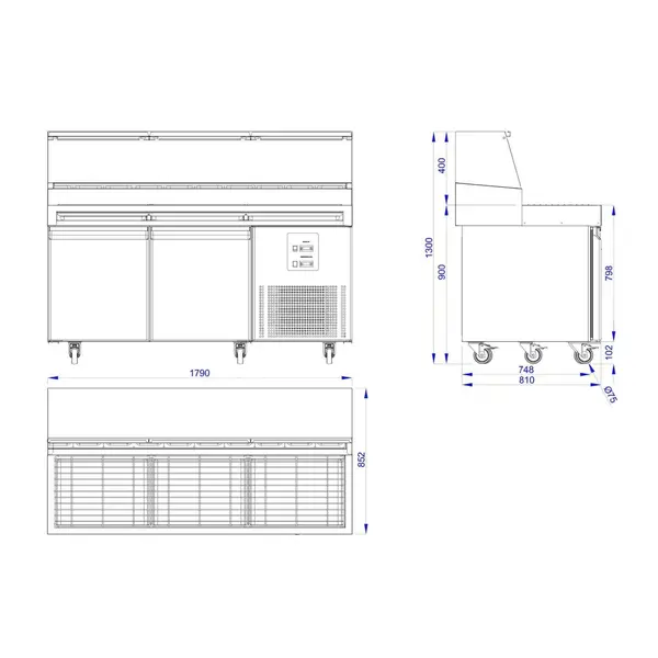 Pizzawerkbank | PRO LINE | 460L | 2 Deuren (EN600x400) | Boven 9x 1/3 GN | -2°C/+8°C | Geforceerd | Wielen (Geremd) | 1790x850x1300(h)mm