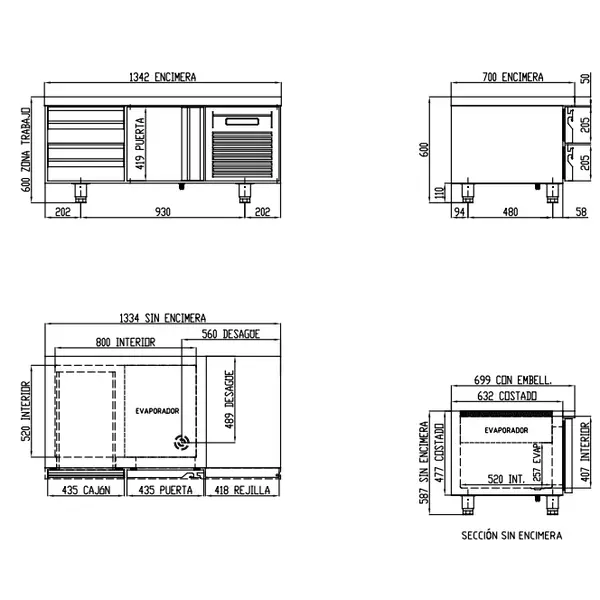 Koelwerkbank | 700 RANGE | Laag Model | 169L | 1 Deur + 2 Laden (1/1 GN) | -2°C/+8°C | Geforceerd | Temperatuuralarm | 1345x700x600(h)mm