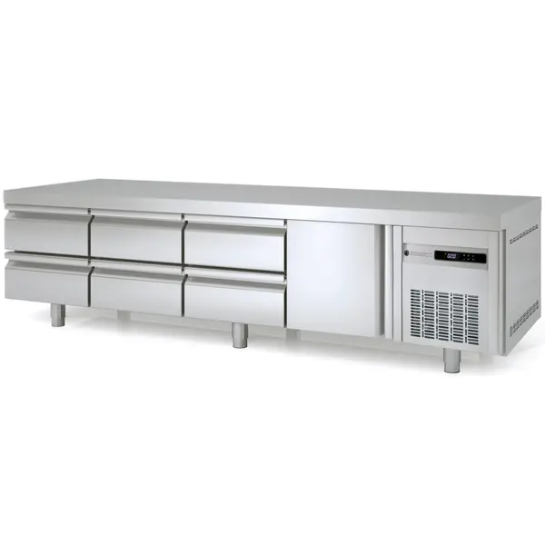 Koelwerkbank | 700 RANGE | Laag Model | 359L | 1 Deur + 6 Laden (1/1 GN) | -2°C/+8°C | Statisch + Ventilator | Temperatuuralarm | 2245x700x600(h)mm