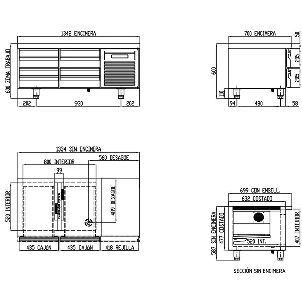 Koelwerkbank | 700 RANGE | Laag Model | 169L | 4 Laden (1/1 GN) | -2°C/+8°C | Geforceerd | Temperatuuralarm | 1345x700x600(h)mm