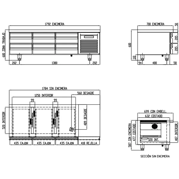 Koelwerkbank | 700 RANGE | Laag Model | 264L | 6 Laden (1/1 GN) | -2°C/+8°C | Geforceerd | Temperatuuralarm | 1795x700x600(h)mm