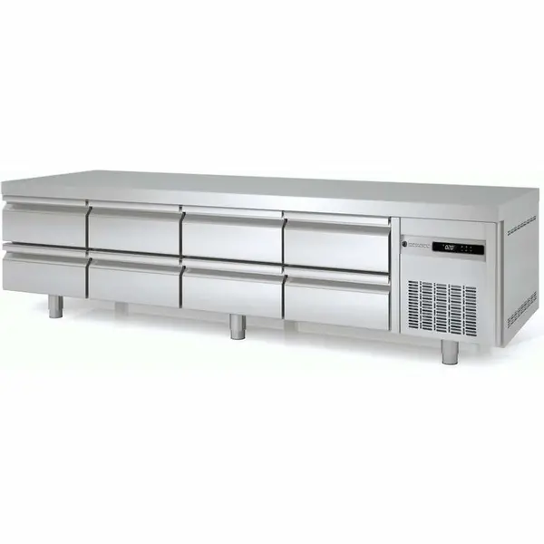 Koelwerkbank | 700 RANGE | Laag Model | 359L | 8 Laden (1/1 GN) | -2°C/+8°C | Statisch + Ventilator | Temperatuuralarm | 2245x700x600(h)mm