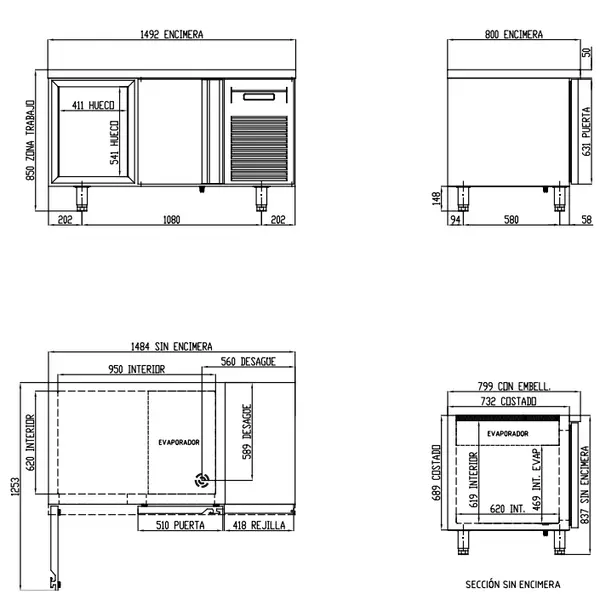 Bakkerij Koelwerkbank | 800 RANGE | Energiezuinig | 362L | 2 Deuren (EN600x400) | -2°C/+8°C | Geforceerd | Temperatuuralarm | 1495x800x850(h)mm