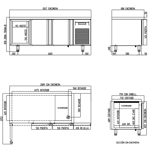 Bakkerij Koelwerkbank | 800 RANGE | Energiezuinig | 562L | 3 Deuren (EN600x400) | Geforceerd | Statisch + Ventilator | Temperatuuralarm | 2020x800x850(h)mm
