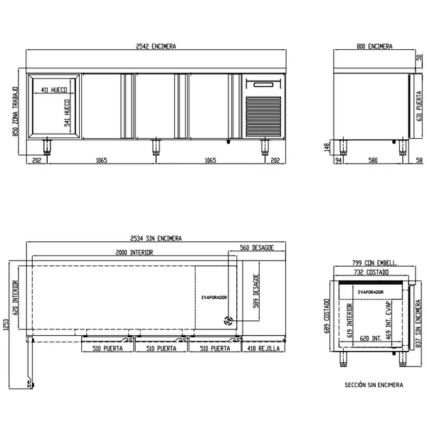 Bakkerij Koelwerkbank | 800 RANGE | 761L | 4 Deuren (EN600x400) | -2°C/+8°C | Geforceerd | Temperatuuralarm | 2545x800x850(h)mm