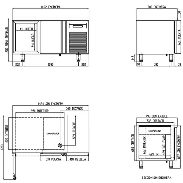 Bakkerij Vrieswerkbank | 800 RANGE | 362L | 2 Deuren (EN600x400) | -15°C/-20°C | Geforceerd | Temperatuuralarm | 1495x800x850(h)mm