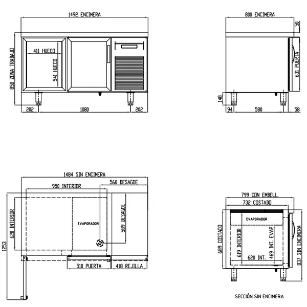 Bakkerij Koelwerkbank | 800 RANGE | 362L | 2 Glasdeuren (EN600x400) | -2°C/+8°C | Geforceerd | Temperatuuralarm | 1495x800x850(h)mm
