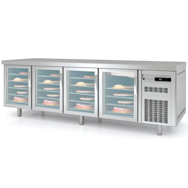 Bakkerij Koelwerkbank | 800 RANGE | 761L | 4 Glasdeuren (EN600x400) | -2°C/+8°C | Statisch + Ventilator | Temperatuuralarm | 2545x800x850(h)mm