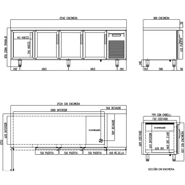 Bakkerij Koelwerkbank | 800 RANGE | 761L | 4 Glasdeuren (EN600x400) | -2°C/+8°C | Geforceerd | Temperatuuralarm | 2545x800x850(h)mm