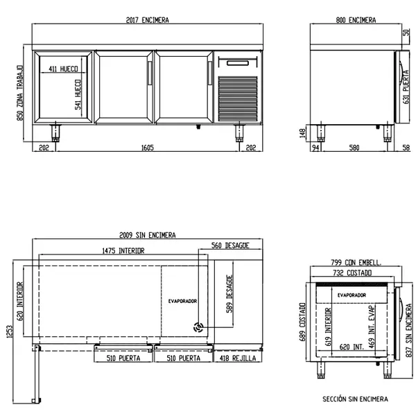 Bakkerij Vrieswerkbank | 800 RANGE | 562L | 3 Glasdeuren (EN600x400) | -15°C/-20°C | Geforceerd | Temperatuuralarm | 2020x800x850(h)mm