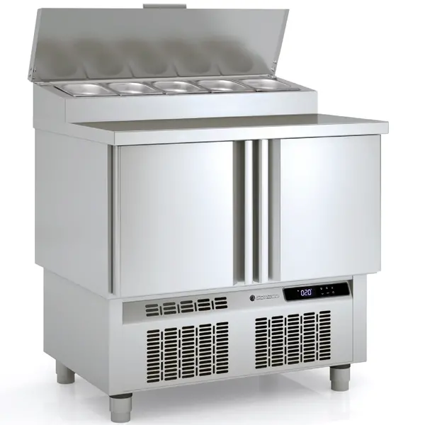 Saladette | 700 RANGE | 169L | 2 Deuren (1/1 GN) | Boven 5x 1/4 GN | 0°C/+8°C | Statisch + Ventilator | Klapdeksel | Temperatuuralarm | 925x700x890/1061(h)mm