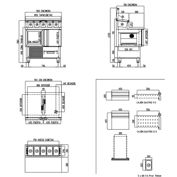 Saladette | 700 RANGE | 169L | 2 Deuren (1/1 GN) | Boven 5x 1/4 GN | 0°C/+8°C | Geforceerd | Klapdeksel | Temperatuuralarm | 925x700x890/1061(h)mm