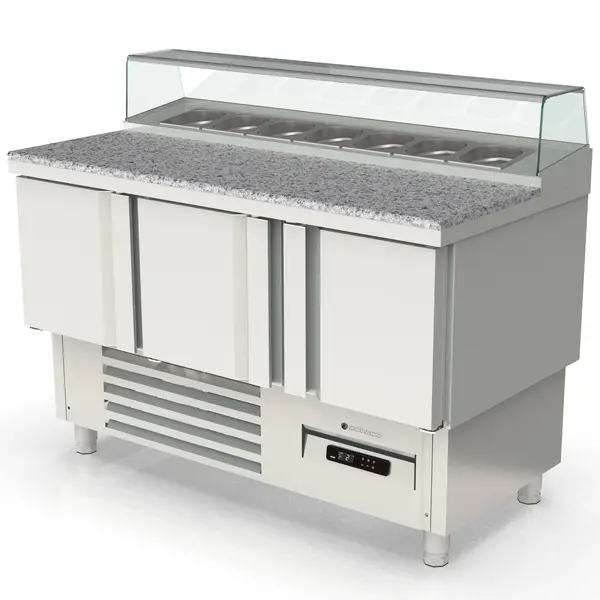 Saladette | 700 RANGE | 264L | 3 Deuren (1/1 GN) | Boven 7x 1/6 GN | 0°C/+8°C | Geforceerd | Glasopzet | Temperatuuralarm | 1375x700x890/1104(h)mm