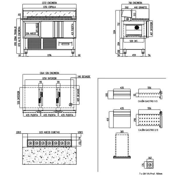 Saladette | 700 RANGE | 264L | 3 Deuren (1/1 GN) | Boven 7x 1/6 GN | 0°C/+8°C | Geforceerd | Glasopzet | Temperatuuralarm | 1375x700x890/1104(h)mm
