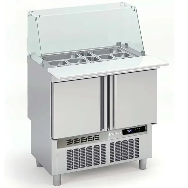Saladette | 700 RANGE | 169L | 2 Deuren (1/1 GN) | Boven 15x 1/6 GN | 0°C/+8°C | Statisch + Ventilator | Glasopzet + Snijblad | Temperatuuralarm | 925x700x890/1226(h)mm