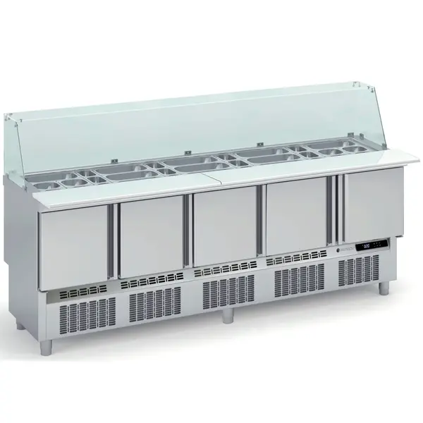 Saladette | 700 RANGE | 430L | 5 Deuren (1/1 GN) | Boven 30x 1/6 GN + 12x 1/9 GN | 0°C/+8°C | Geforceerd | Glasopzet + Snijblad | Temperatuuralarm | 2275x700x890/1226(h)mm