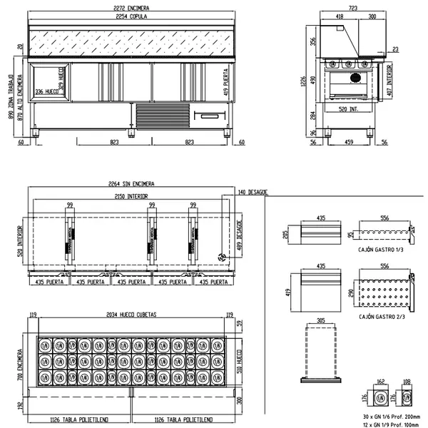 Saladette | 700 RANGE | 430L | 5 Deuren (1/1 GN) | Boven 30x 1/6 GN + 12x 1/9 GN | 0°C/+8°C | Geforceerd | Glasopzet + Snijblad | Temperatuuralarm | 2275x700x890/1226(h)mm