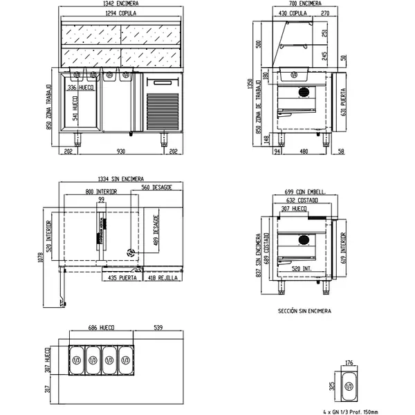 Saladette | 700 RANGE | 255L | 2 Deuren (1/1 GN) | Boven 4x 1/3 GN | 0°C/+8°C | Geforceerd | Glasopzet | Temperatuuralarm | 1345x700x850/1350(h)mm