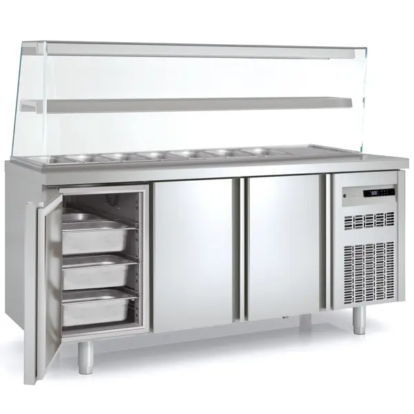 Saladette | 700 RANGE | 399L | 3 Deuren (1/1 GN) | Boven 7x 1/3 GN | 0°C/+8°C | Statisch + Ventilator | Glasopzet | Temperatuuralarm | 1795x700x850/1350(h)mm