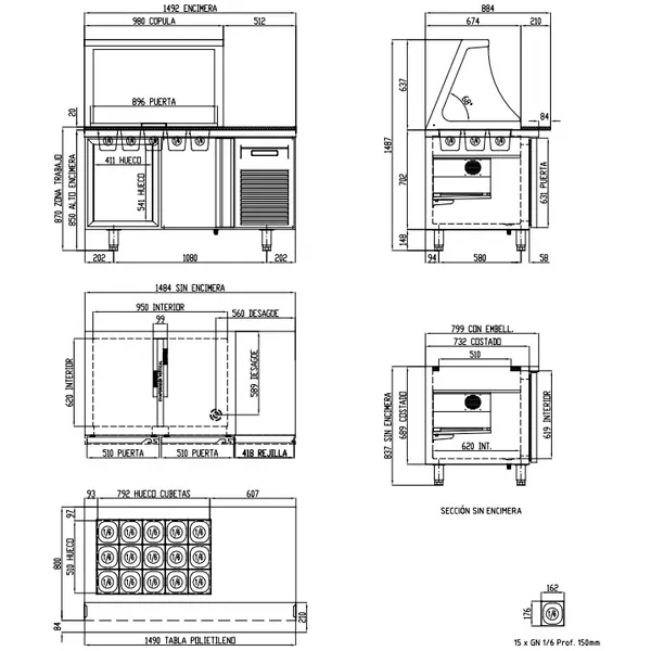 Saladette | 800 RANGE | 362L | 2 Deuren (EN600x400) | Boven 15x 1/6 GN | 0°C/+8°C | Geforceerd | Glasopzet + Snijblad | Temperatuuralarm | 1495x800x870/1487(h)mm