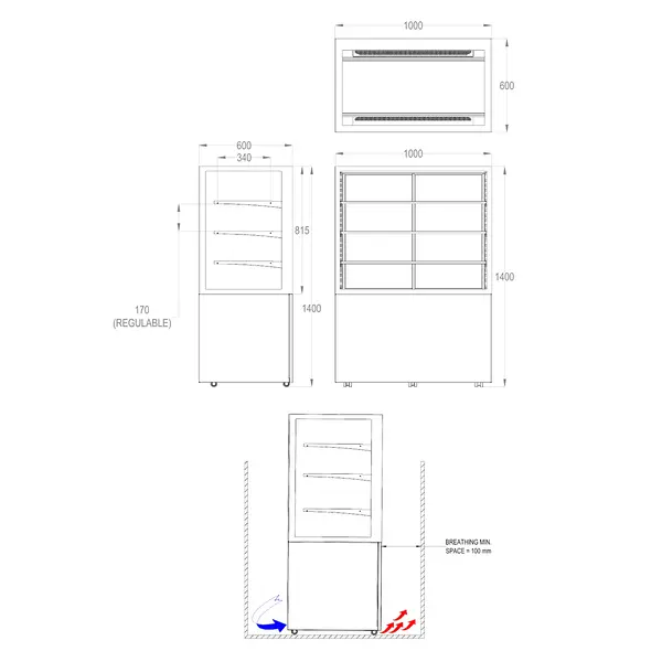 Koelvitrine | INTEGRA | Wit/Zwart | +2°C/+6°C | Geforceerd | 4 Niveaus | Touchscreen | Wielen (Geremd) | 1000x600x1400(h)mm