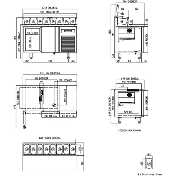 Saladette | 700 RANGE | 255L | 2 Deuren (1/1 GN) | Boven 8x 1/4 GN | 0°C/+8°C | Geforceerd | Klapdeksel | Temperatuuralarm | 1345x700x850/1021(h)mm