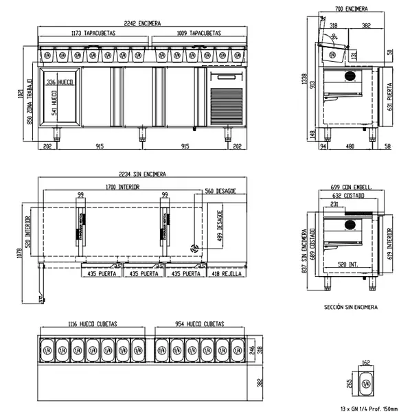 Saladette | 700 RANGE | 543L | 4 Deuren (1/1 GN) | Boven 13x 1/4 GN | 0°C/+8°C | Geforceerd | Klapdeksels | Temperatuuralarm | 2245x700x850/1021(h)mm