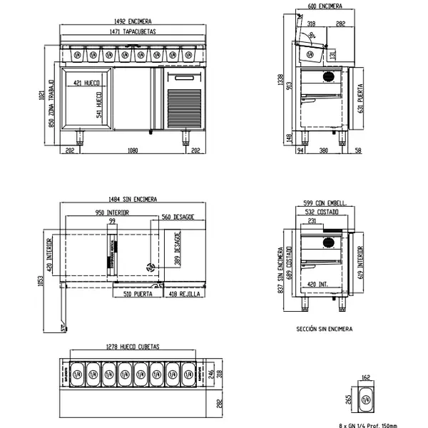 Saladette | 600 RANGE | 245L | 2 Deuren | Boven 8x 1/4 GN | 0°C/+8°C | Geforceerd | Klapdeksel | Temperatuuralarm | 1495x600x850/1021(h)mm