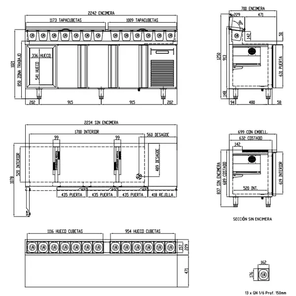 Saladette | 700 RANGE | 543L | 4 Deuren (1/1 GN) | Boven 13x 1/6 GN | 0°C/+8°C | Geforceerd | Klapdeksels | Temperatuuralarm | 2245x700x850/1021(h)mm