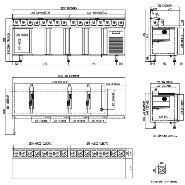 Saladette | 700 RANGE | 686L | 5 Deuren (1/1 GN) | Boven 16x 1/6 GN | 0°C/+8°C | Geforceerd | Klapdeksels | Temperatuuralarm | 2695x700x850/1021(h)mm