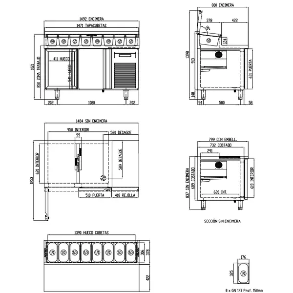 Saladette | 800 RANGE | 362L | 2 Deuren (EN600x400) | Boven 8x 1/3 GN | 0°C/+8°C | Geforceerd | Klapdeksel | Temperatuuralarm | 1495x800x850/1021(h)mm
